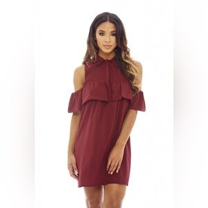 Wine/Burgundy Ruffle Cold Shoulder (Cut out) Midi Dress